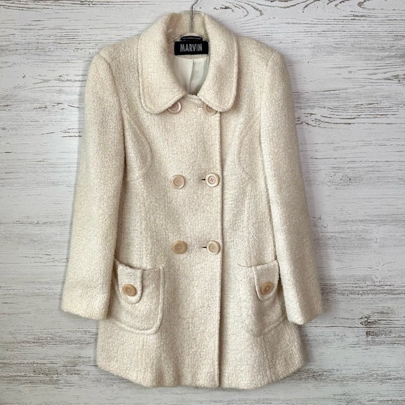 MARVIN RICHARDS Wool Tweed Cream Large Button Twee Pea Coat M - Picture 2 of 12